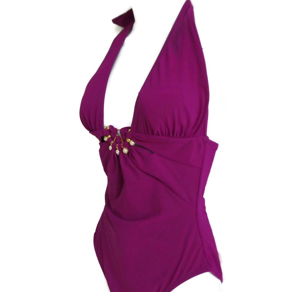 Vintage 90s Luxury Gottex Swimsuit One Piece Berry Pearl Ornaments Designer Pads - Picture 4 of 7